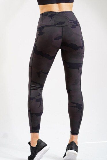 Alexo Women's 7/8 Concealed Carry Leggings in Dark Night Camo rear view.